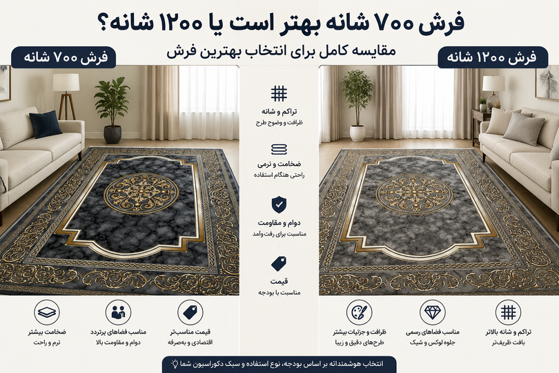 فرش ۷۰۰ شانه بهتر است یا ۱۲۰۰ شانه؟ مقایسه کامل برای انتخاب بهترین فرش